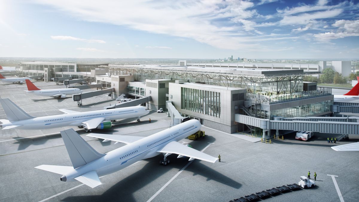 Rendering of terminal from POV of runway with gates parked outside