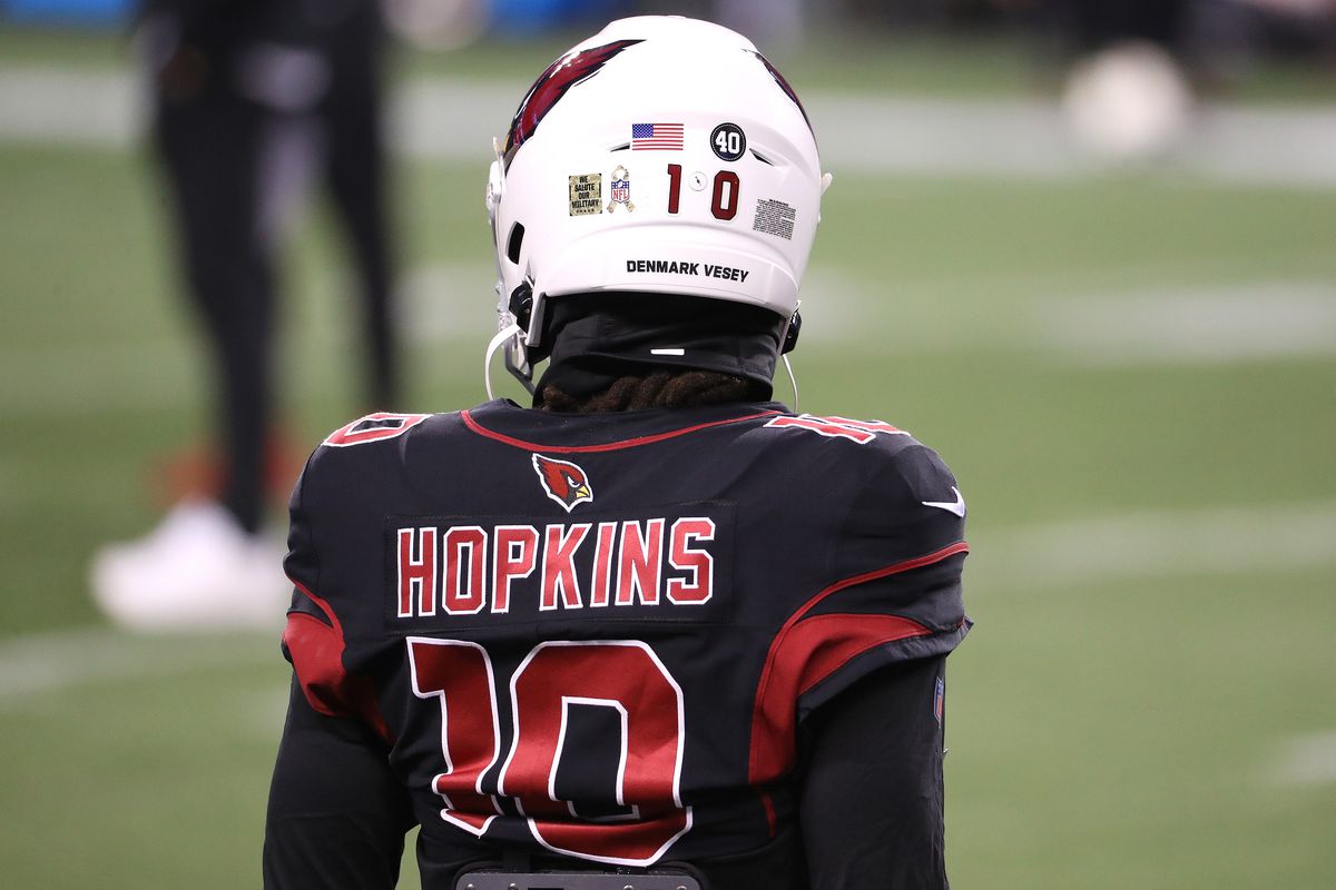 A view of the back of the helmet worn by DeAndre Hopkins #10 of the Arizona Cardinals before their game against the Seattle Seahawks at Lumen Field on November 19, 2020 in Seattle, Washington.