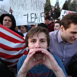 Trump supporters and Trump protesters clash outside of the Infinity Event Center, where Donald Trump is holding a rally, in Salt Lake City on Friday, March 18, 2016. 