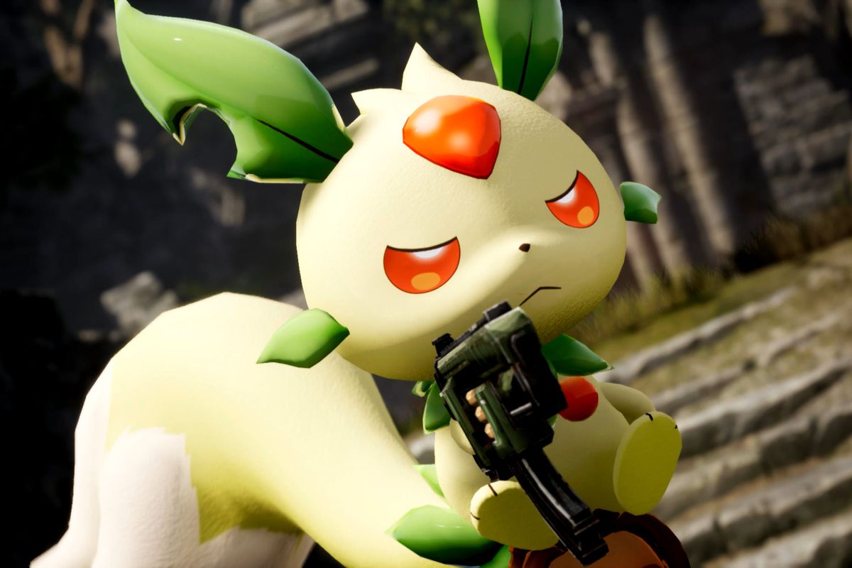 A cute, grass-type Pal from Palworld aims a small semi-automatic handgun