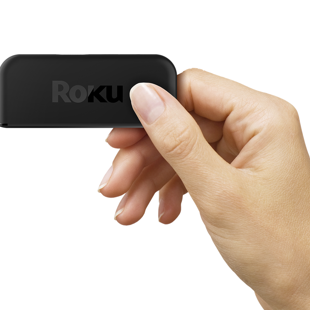 Product shot of a hand holding the Roku Premiere Plus streaming device.