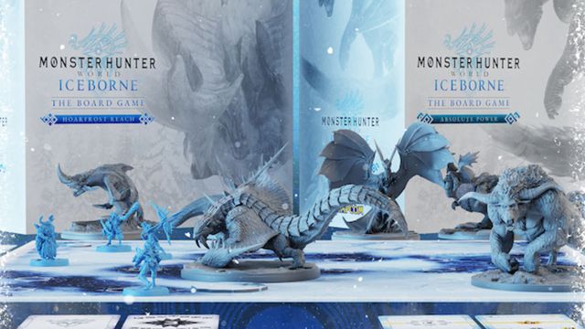 Key art for Monster Hunter World: Iceborne The Board Game, including blue hero minis and grey monsters.