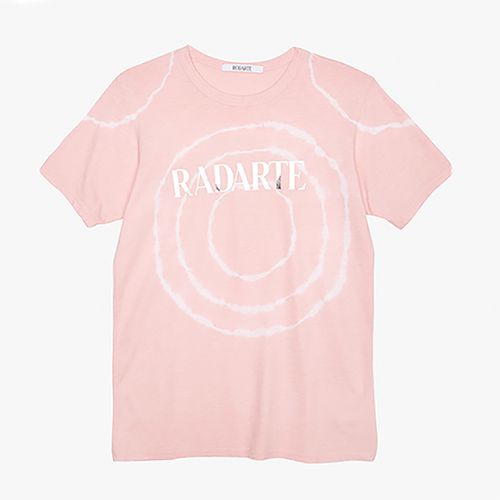 Pink tie-dye shirt with white writing.
