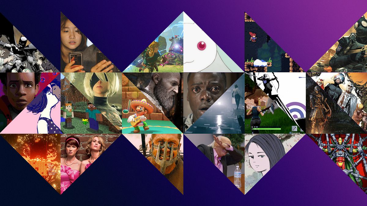 a collage with triangular images featuring various movies, video games, TV shows, and comics from the 2010s