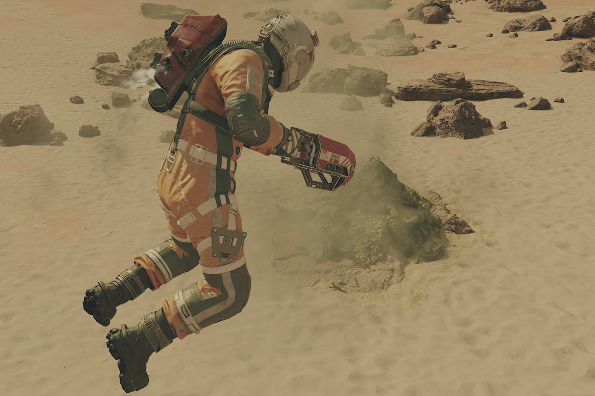 Starfield player boostpacking across a barren and hazardous planet