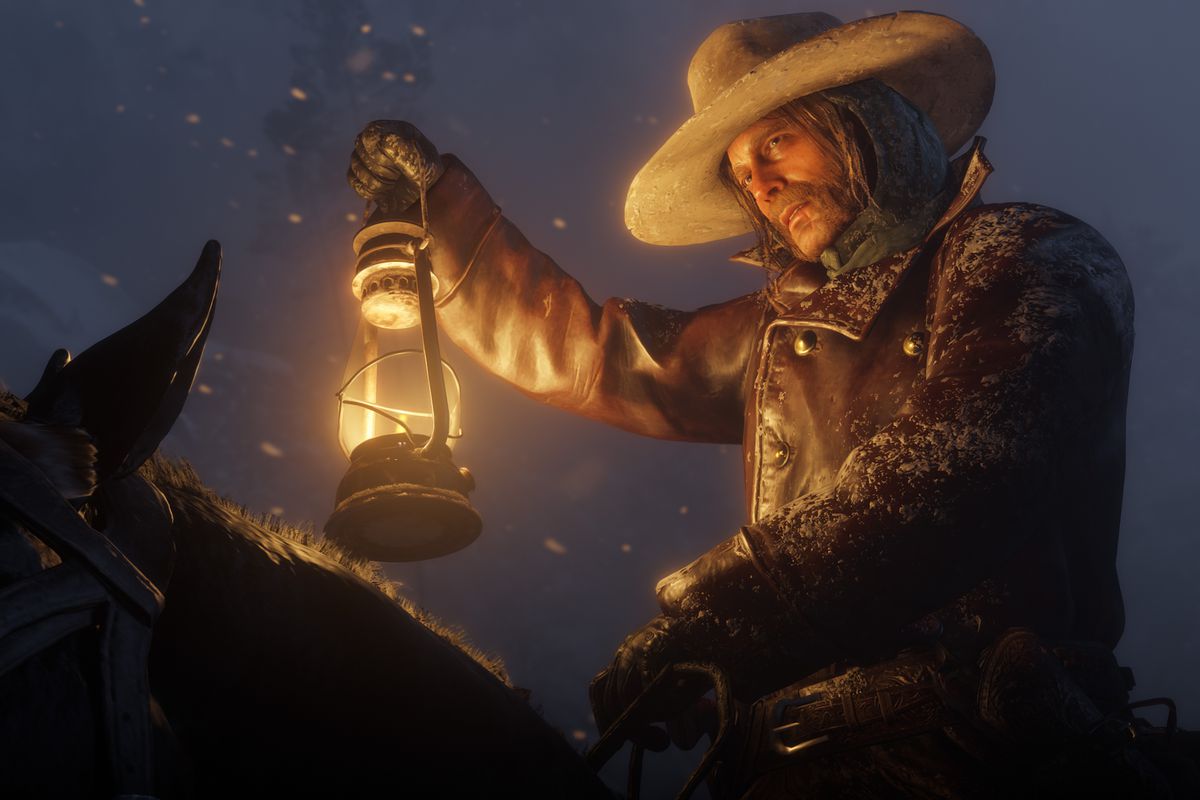 Red Dead Redemption 2 - Micah Bell on horseback in the snow, holding up a lantern