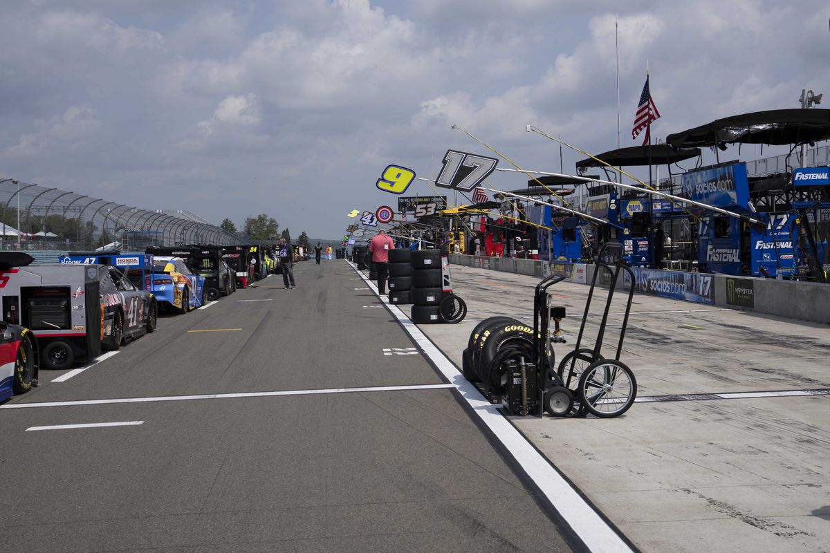 A general view of pit road prior to the start of the NASCAR Cup Series - Go Bowling as The Glen race on August 8, 2021, at Watkins Glen International in Watkins Glen, NY.
