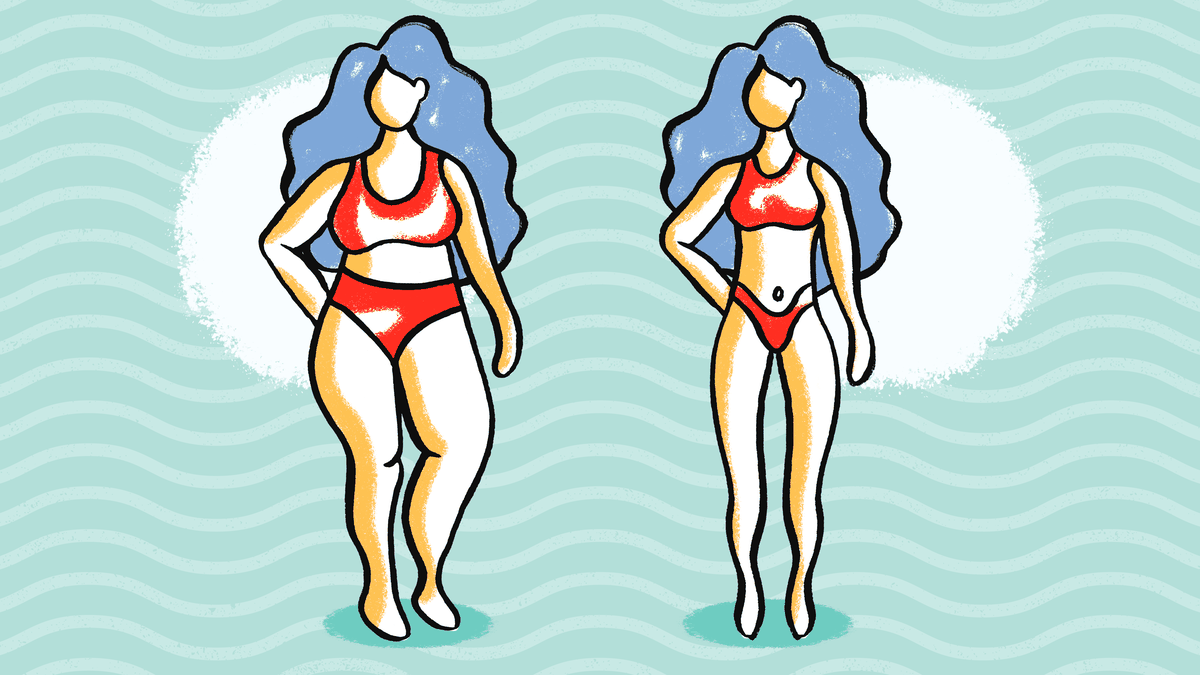 A woman in a bathing suit, before and after weight loss.