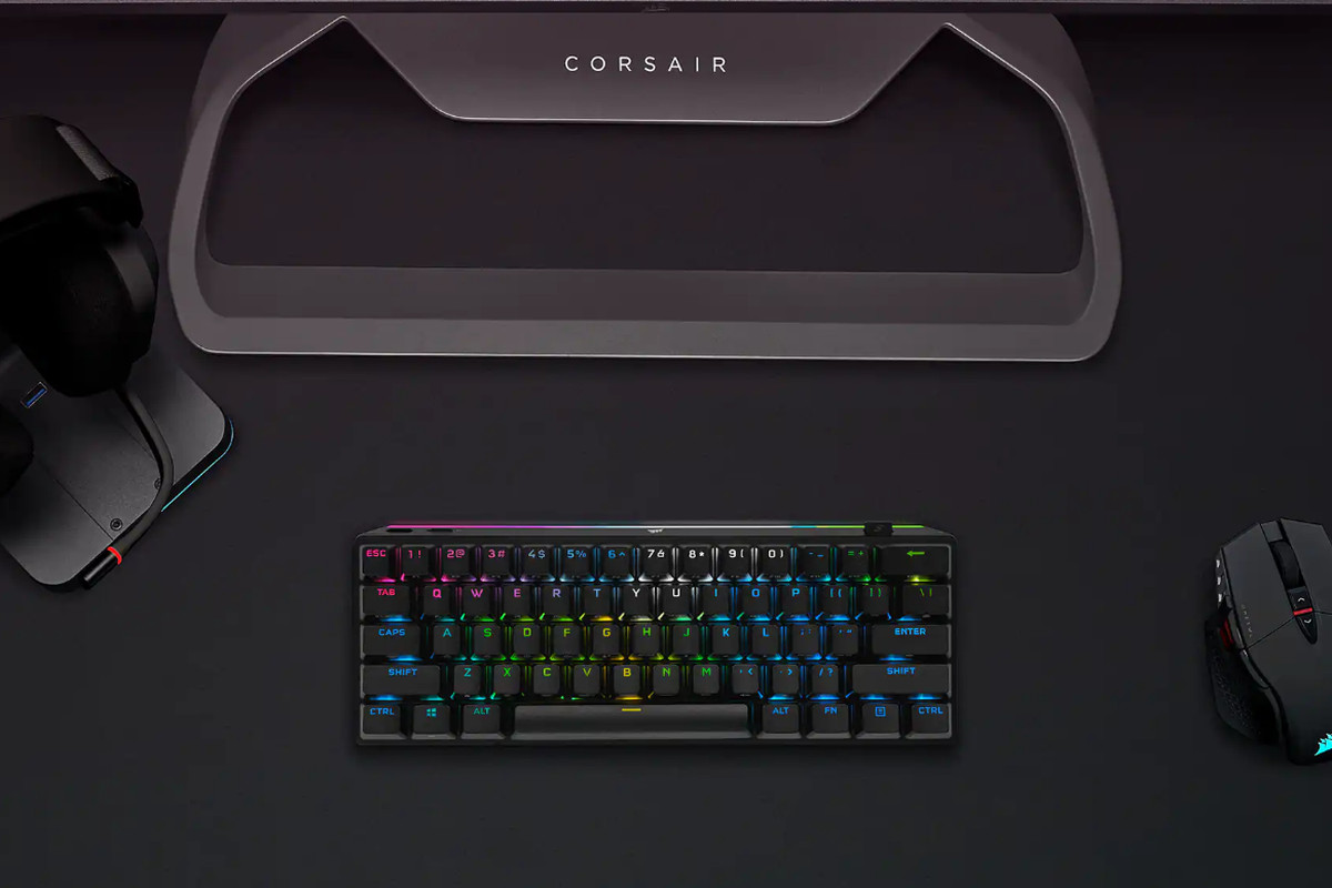 A Stock Photo featuring a Corsair branded gaming keyboard, mouse and headset.