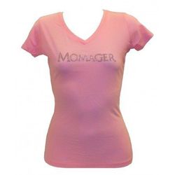 Pink "Momager" <a href="http://kardashiankhaos.com/apparel/light-pink-momager-sporty-v-tee.html">tee</a>, $48.