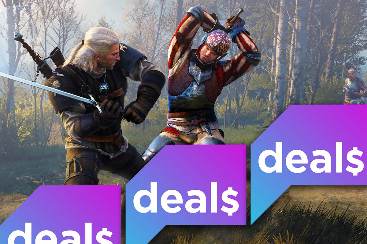 A screenshot from The Witcher 3: Wild Hunt overlaid with the Polygon Deals logo