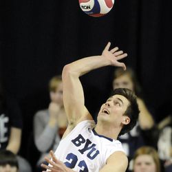 BYU's Michael Hatch (23) serves the ball during a match against the Stanford Cardinal Friday, Jan. 24, 2014, at the Smith Fieldhouse in Provo.