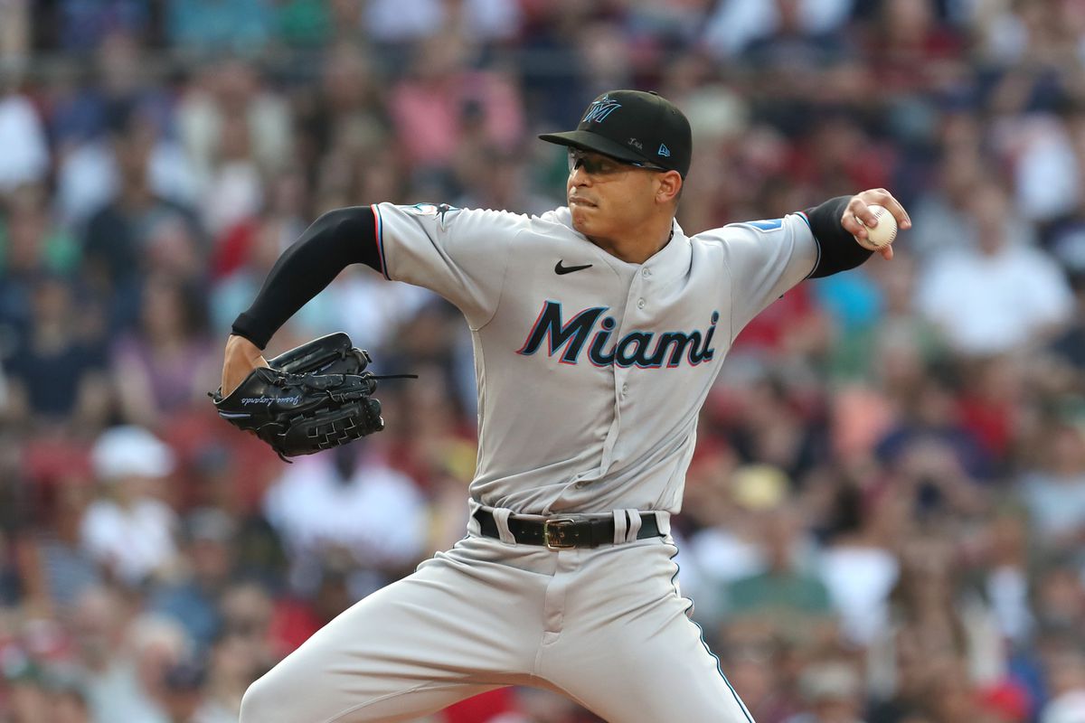 Jesus Luzardo of the Miami Marlins delivers a pitch during the second inning against the Boston Red Sox at Fenway Park on June 29, 2023 in Boston, Massachusetts.