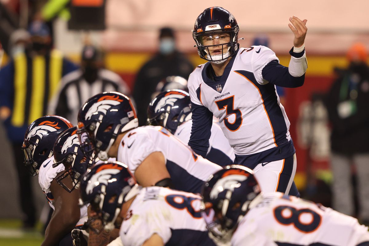 Drew Lock #3 of the Denver Broncos calls for a play during the second quarter of a game against the Kansas City Chiefs at Arrowhead Stadium on December 06, 2020 in Kansas City, Missouri.  
