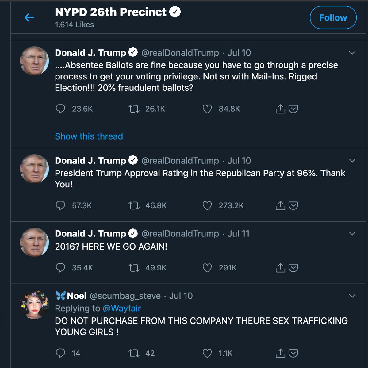 The NYPD’s 26th Precinct Twitter account liked a conspiratorial tweet by President Trump.