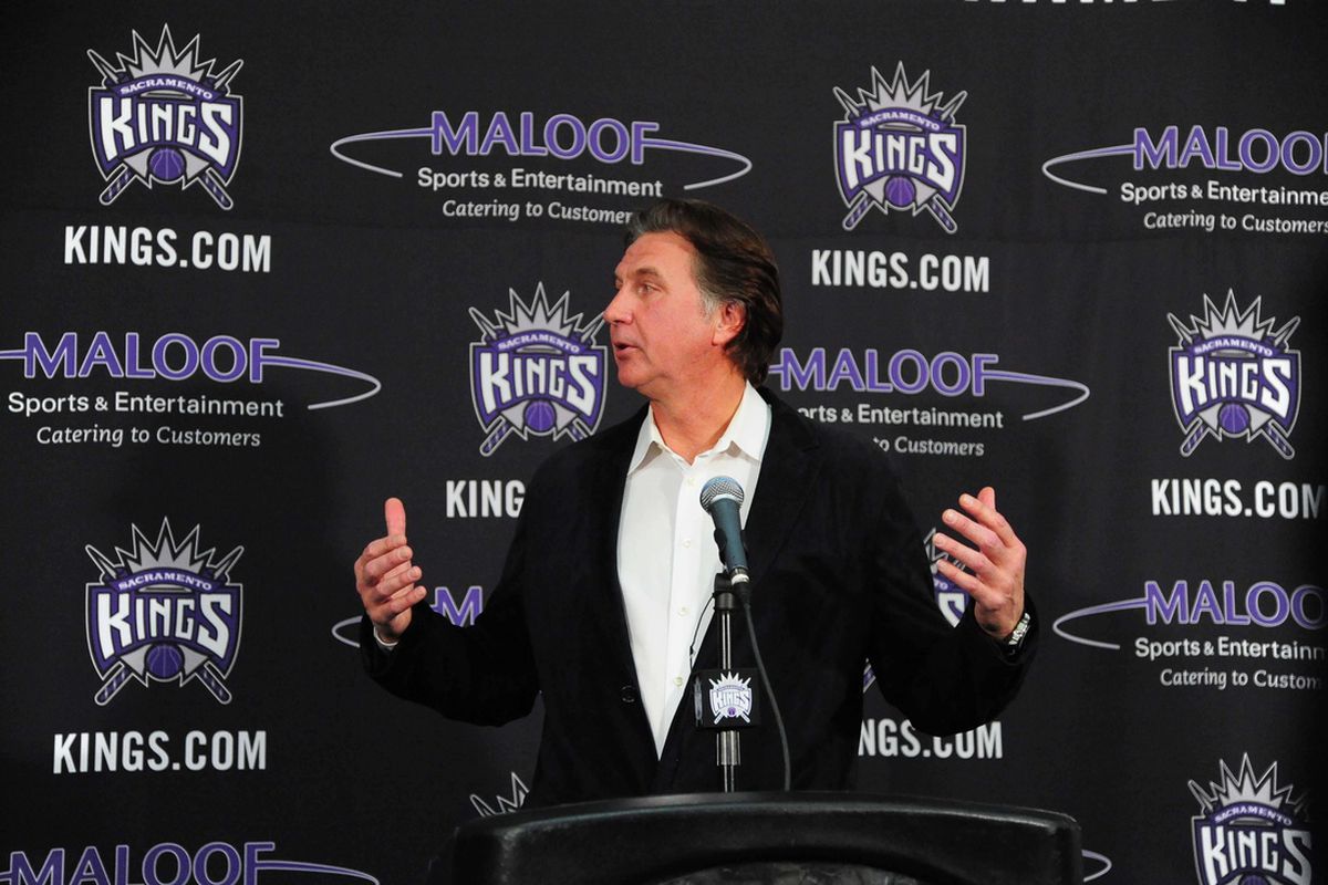 January 5, 2012; Sacramento, CA, USA; Sacramento Kings president of basketball operations Geoff Petrie addresses the media during a press conference after naming Keith Smart (not pictured) head coach before the game against the Milwaukee Bucks at Pow