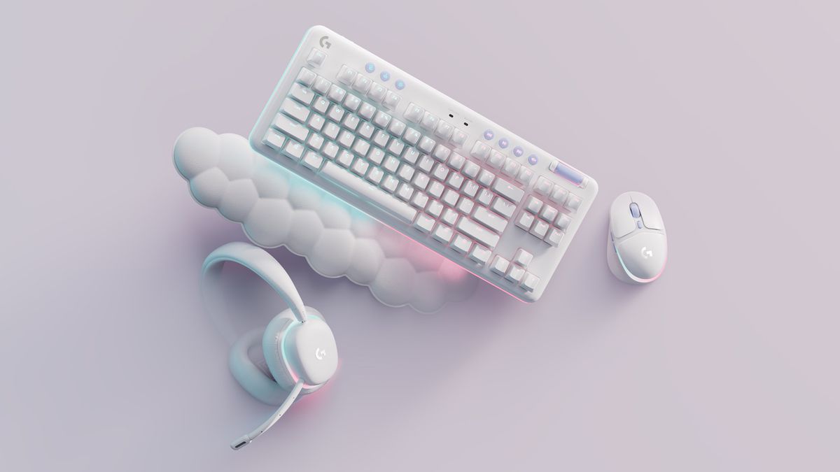 A product shot of Logitech's Aurora line, including a keyboard, mouse, headset, and cloudy wrist rest