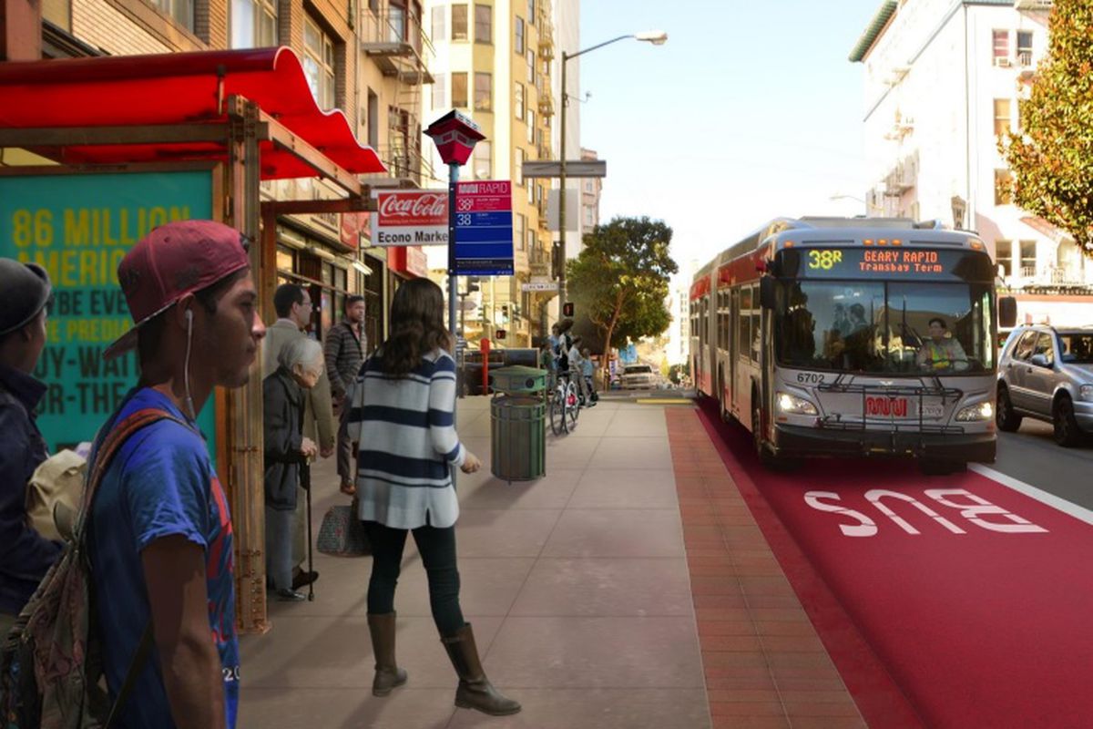 A rendering of new red bus lanes on Geary Street downtown.
