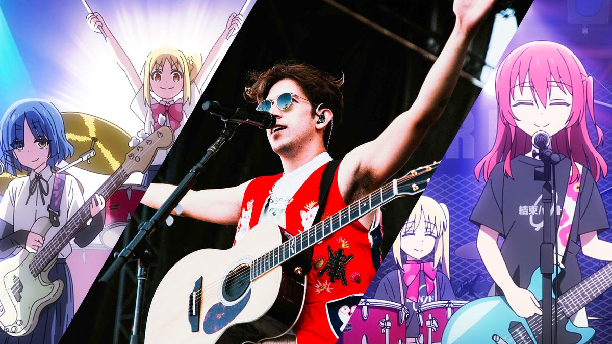 A photo illustration combining characters from Bocchi the Rock with a photo of the musician Ricky Montgomery performing live on stage.