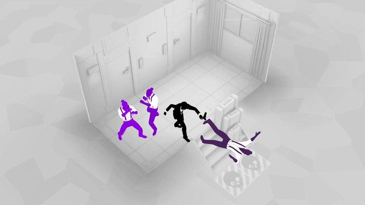 Fights In Tight Spaces - The Agent throws a couple of purple suited men down the stairs