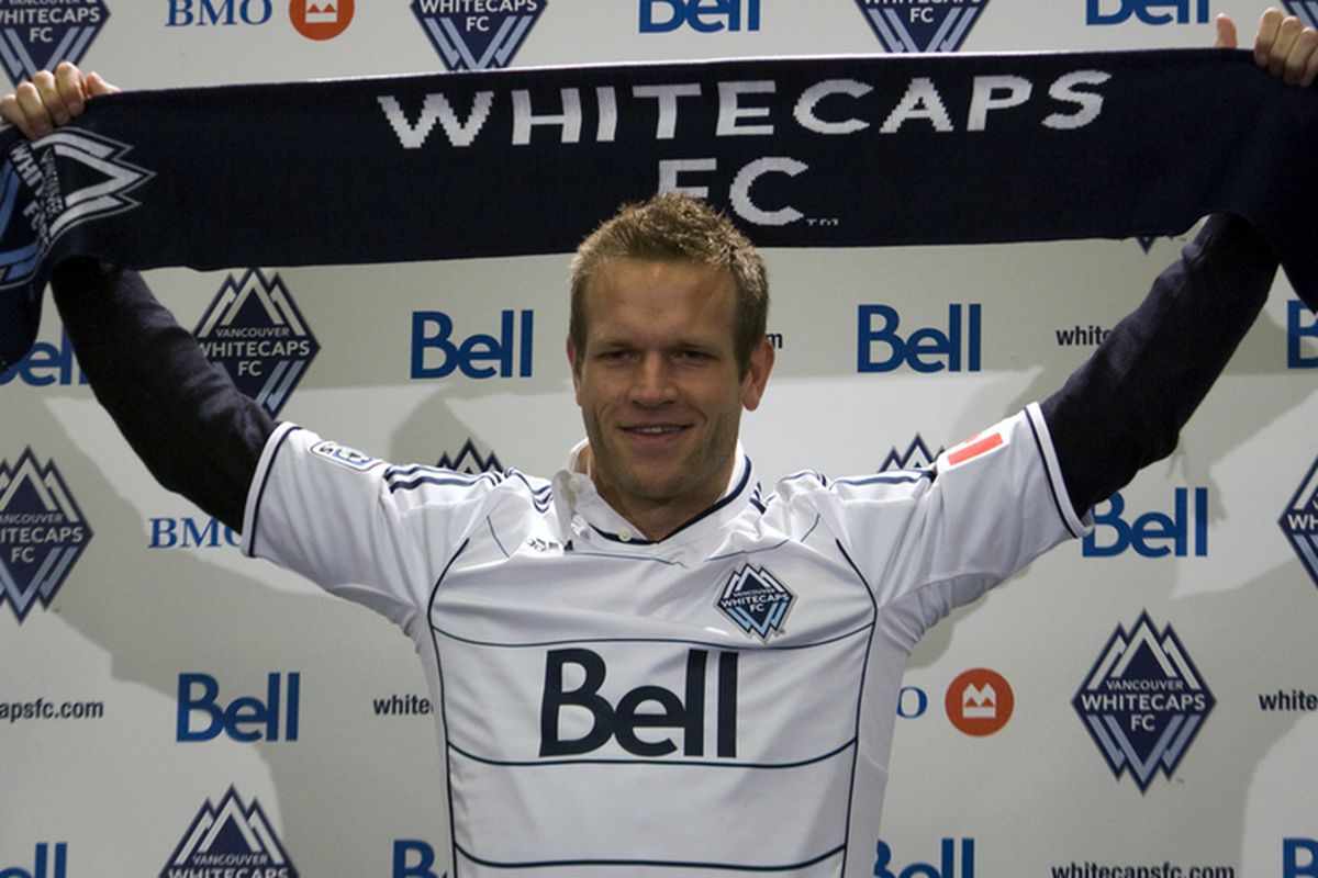 Jay DeMerit, American international and the newest member of the Vancouver Whitecaps, poses at his introductory press conference. (Benjamin Massey/Eighty Six Forever)