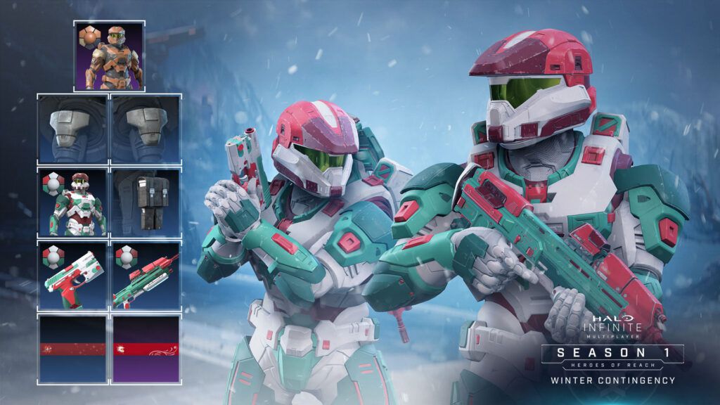 gallery showing the “Peppermint Laughter” skins for Halo Infinite multiplayer, and associated gear items