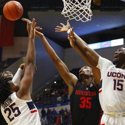 The Houston Cougars take on the UConn Huskies in a men’s college basketball game at the XL Center in Hartford, CT on February 14, 2019.