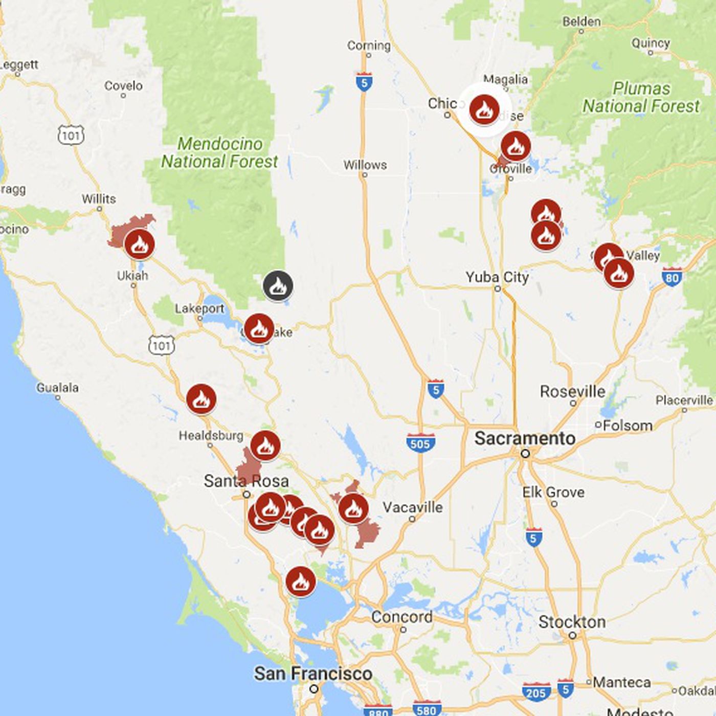 map of california north bay wildfires (update) - curbed sf
