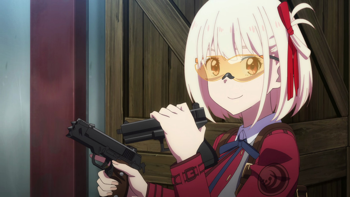 Chisato smiling while wearing a yellow shooting range visor and holding two pistols.