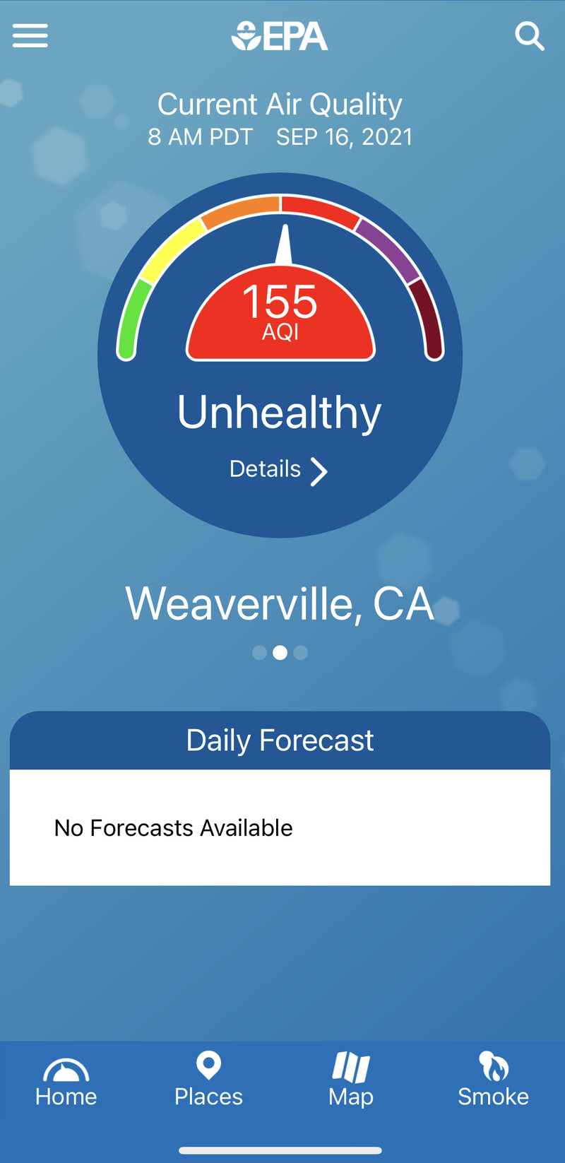 A screenshot of the air quality index meter reading 155, indicating unhealthy air.