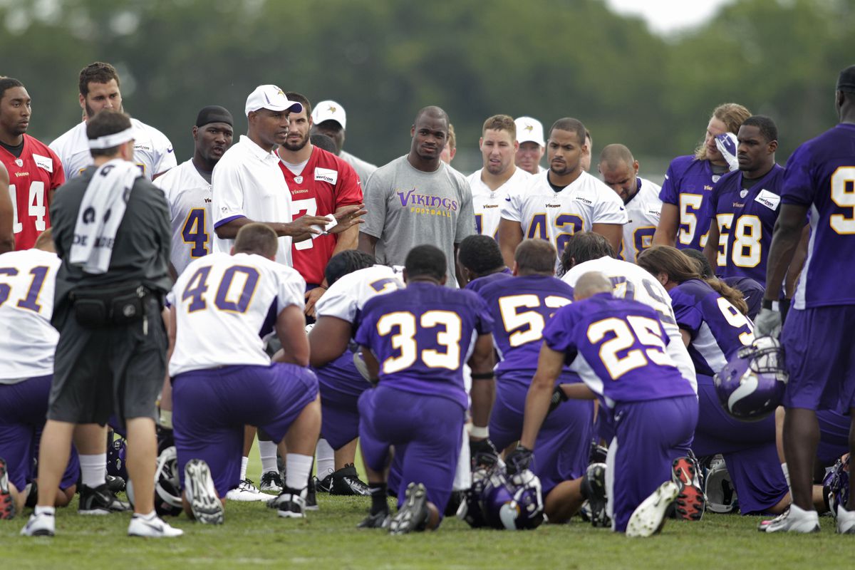 Jul 27, 2012; Mankato, MN, USA; Minnesota Vikings head coach Leslie Frazier speaks to the team at the end of the first day of training camp at Blakeslee Stadium at Minnesota State University, Mankato. Mandatory Credit: Bruce Kluckhohn-US PRESSWIRE