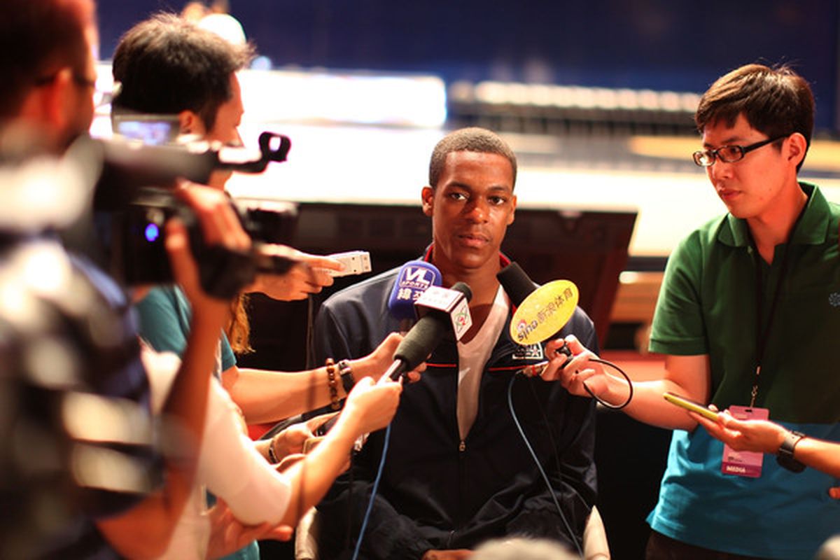 NEW YORK CITY NY - AUGUST 12: Rajon Rondo of USAB is interviewed during the World Basketball Festival Community Morning at Radio City Music Hall on August 12 2010 in New York New York.  (Photo by Marc Lecureuil/Getty Images for Nike)