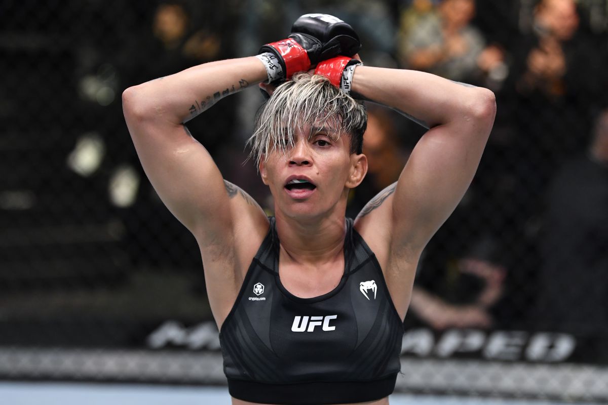 Amanda Lemos of Brazil reacts after the conclusion of her bantamweight fight against Angela Hill during the UFC Fight Night event at UFC APEX on December 18, 2021 in Las Vegas, Nevada.