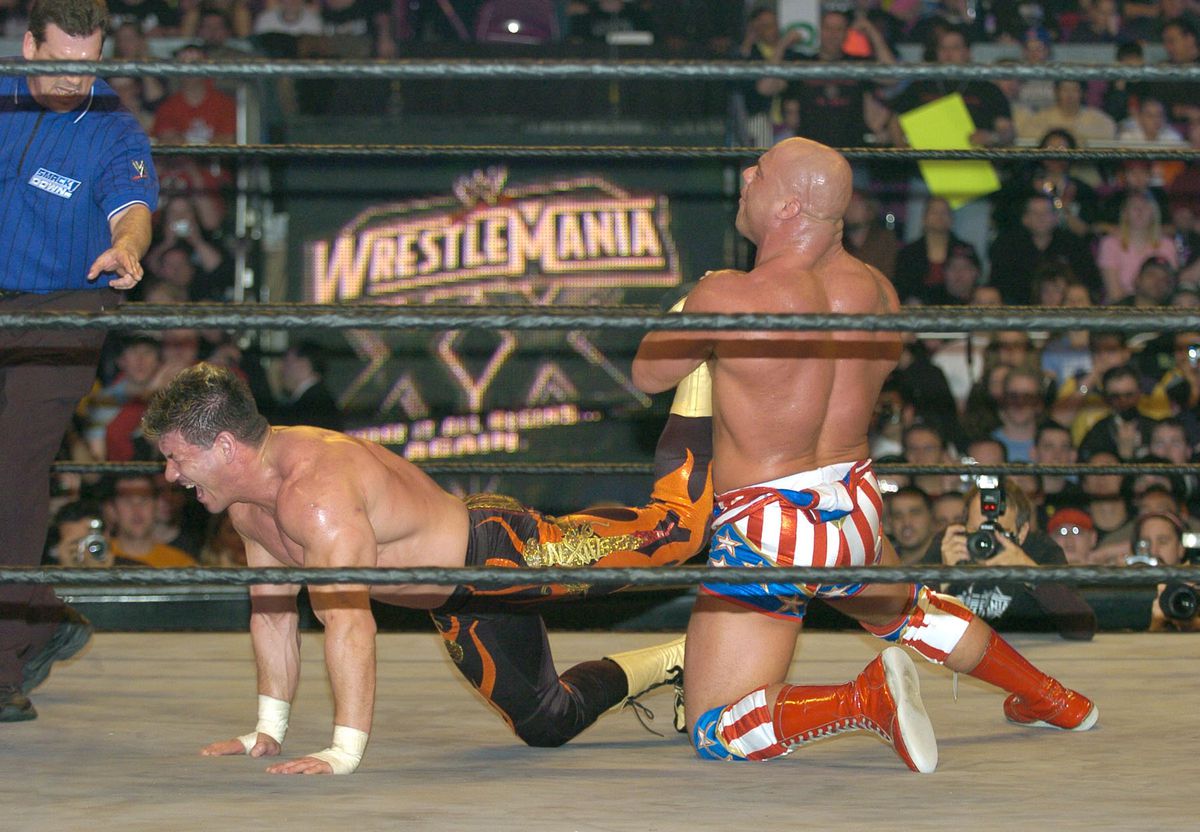 Angle fighting Eddie Guerrero at ‘WrestleMania 20’ in 2004 (Getty Images)