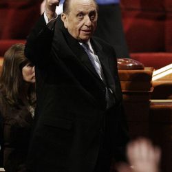 President Thomas S. Monson gives a thumbs up after  to the 182nd Annual General Conference for The Church of Jesus Christ of Latter-day Saints in Salt Lake City  Saturday, March 31, 2012.