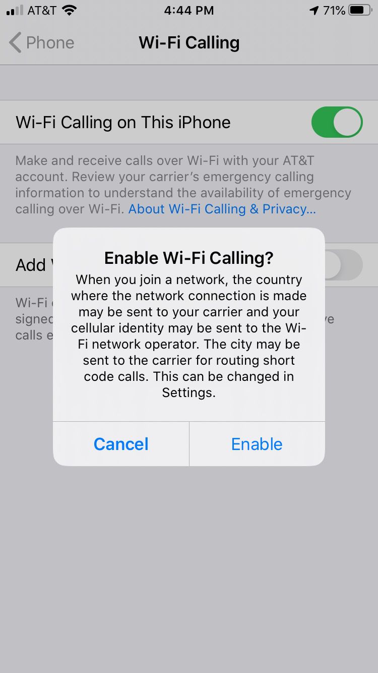 Message that appears after enabling Wi-Fi Calling