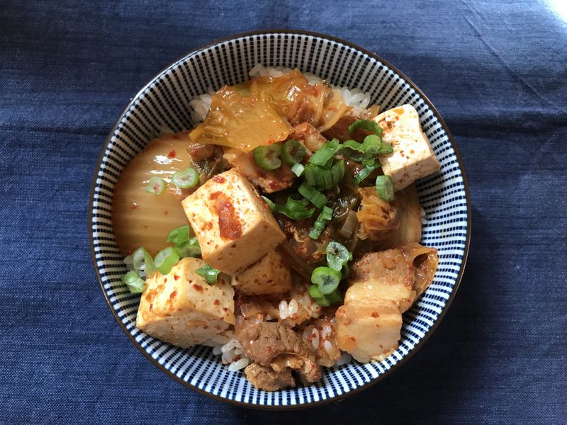 Overhead picture of a bowl of jjigae.