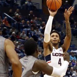 UConn's Jalen Adams (4) during the Monmouth Hawks vs UConn Huskies men's college basketball game at the XL Center in Hartford, CT on December 2, 2017.