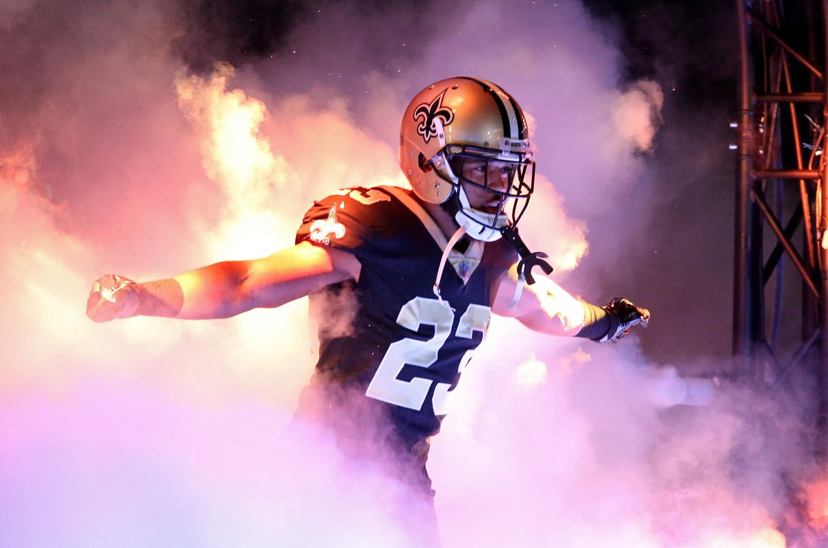 NEW ORLEANS, LA:  New Orleans Saints cornerback Marshon Lattimore (23) is introduced before a game against the New England Patriots at the Mercedes-Benz Superdome.