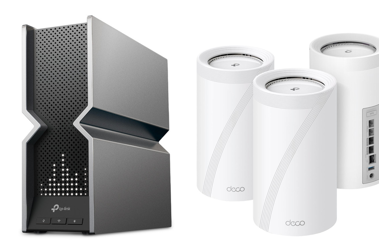 Product shots of the TP-Link Archer BE800 (left) and a three-pack of the Deco BE85 (right)