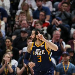 Utah Jazz guard Ricky Rubio (3) celebrates after hitting a three during the game against the Atlanta Hawks at Vivint Smart Home Arena in Salt Lake City on Tuesday, March 20, 2018.