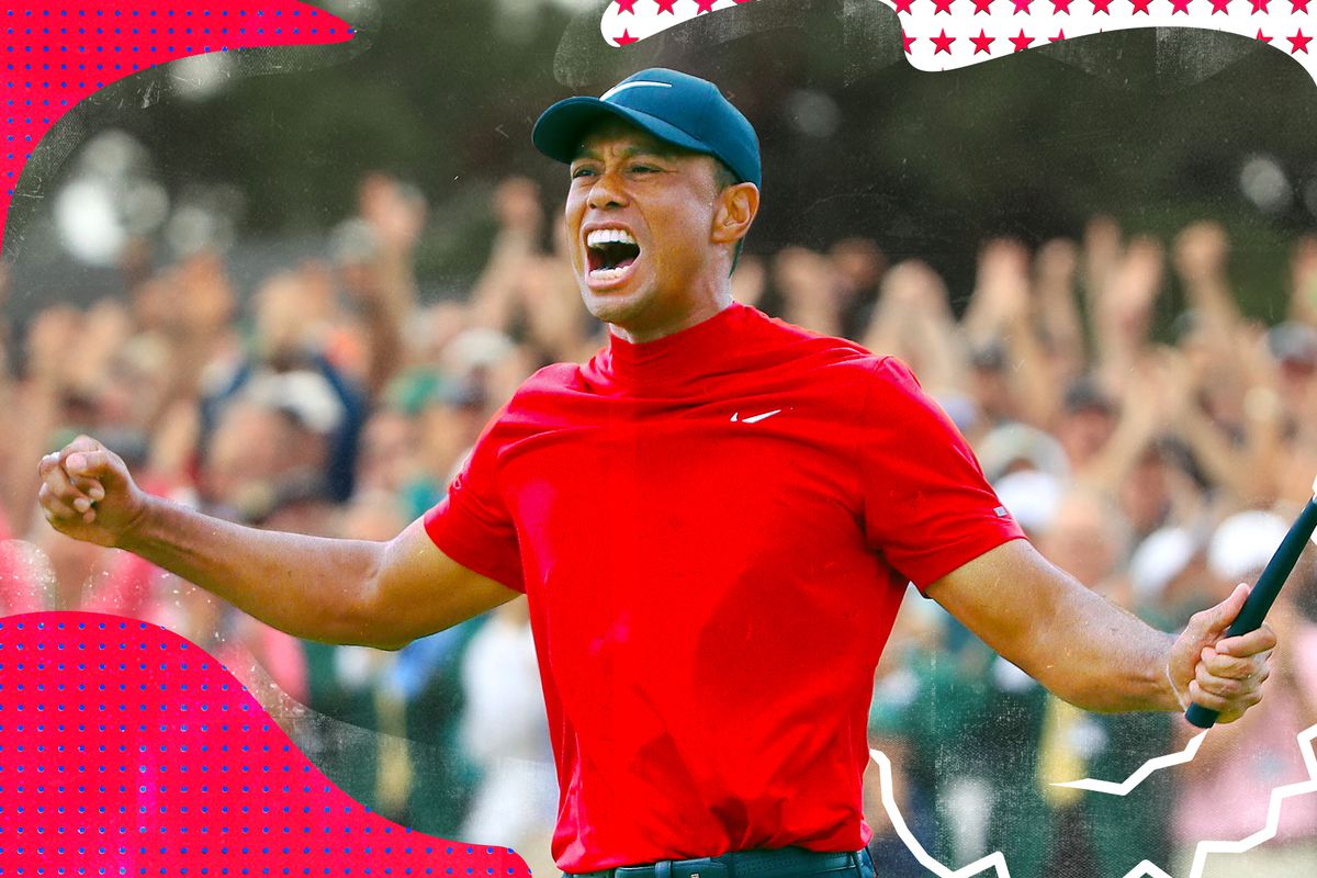 Tiger Woods celebrating with a golf club in hand while wearing his iconic red Nike pullover.