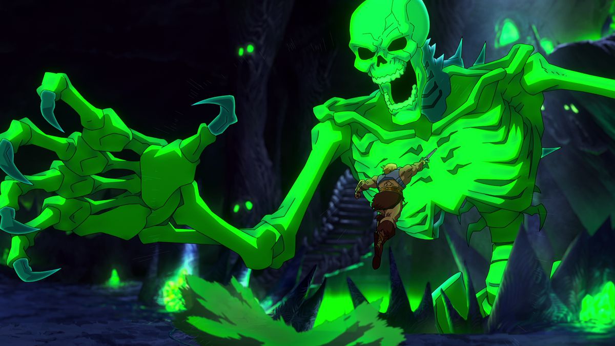 He-Man assaults a vast green skeleton in Masters of the Universe: Revolution