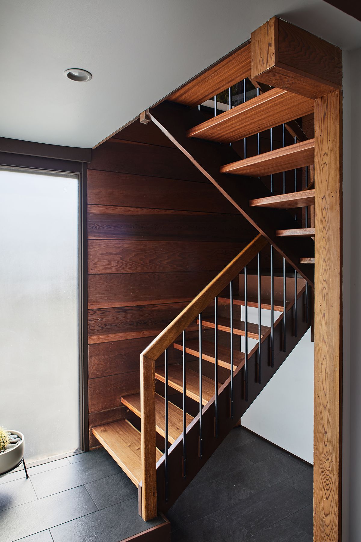 A wooden staircase. 