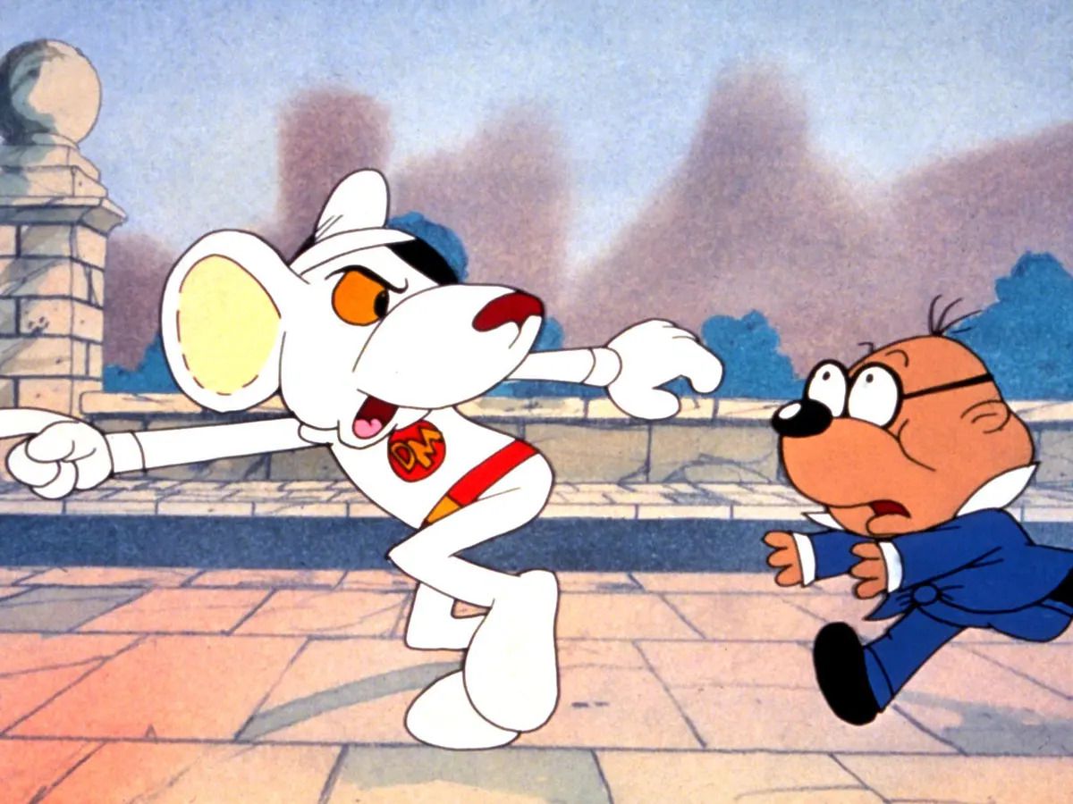 An anthropomorphic white mouse with an eyepatch runs beside their bespectacled hamster sidekick.