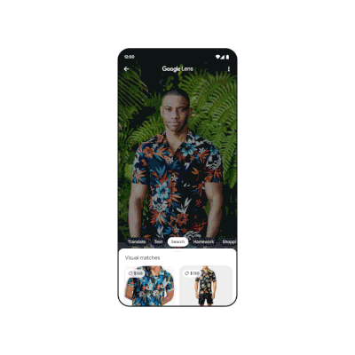 A GIF of Google’s multisearch tool. Google Lens captures a print of a shirt, and then the user searches that they want to find a tie that’s in a similar print.