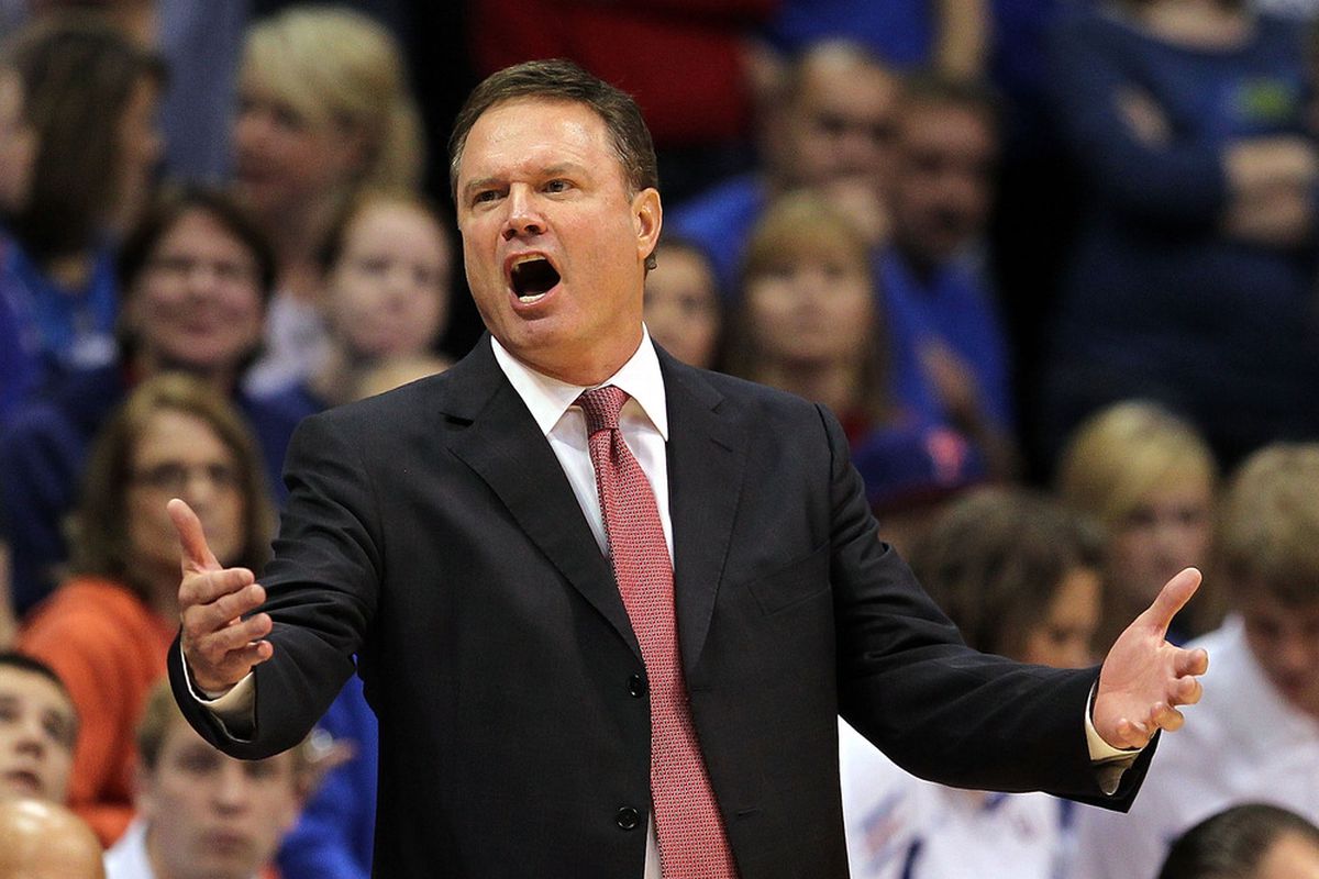 LAWRENCE, KS - DECEMBER 06:  Head coach Bill Self of the Kansas Jayhawks questions a call during the game against the Long Beach State 49ers on December 6, 2011 at Allen Fieldhouse in Lawrence, Kansas.  (Photo by Jamie Squire/Getty Images)
