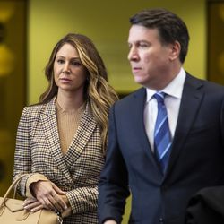 Attorneys Tina Glandian and William J. Quinlan, the defense team for actor Jussie Smollett, speak to reporters at the Leighton Criminal Courthouse, Monday morning, Feb. 24, 2020.