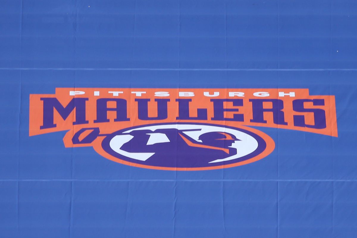 BIRMINGHAM, AL - APRIL 18: The Pittsburgh Maulers logo is displayed during the USFL game between the Pittsburgh Maulers and Tampa Bay Bandits on April 18, 2022 at Protective Stadium in Birmingham, Alabama.