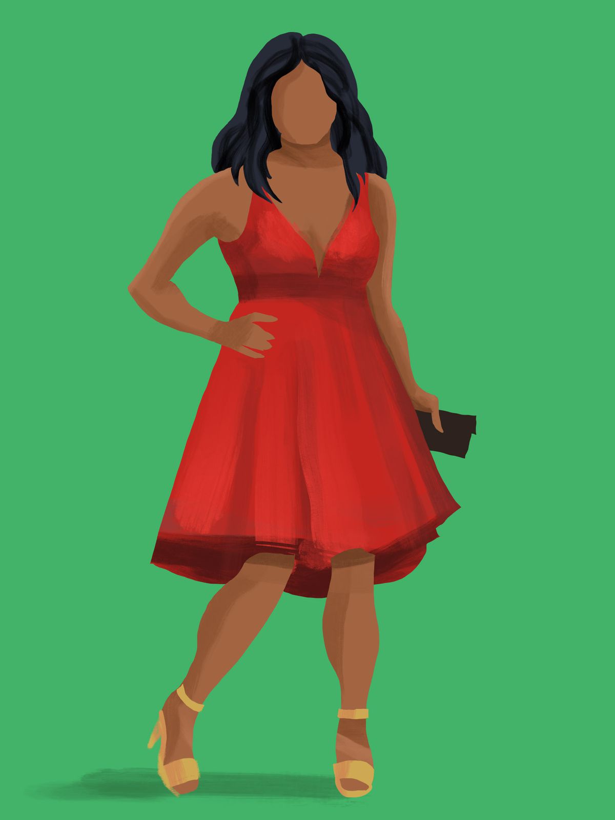 an illustration of a black woman in a red dress and gold heels